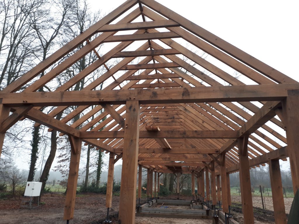 Prefab eikenhouten draagconstructie van de paardenstal in Joppe